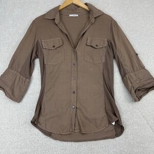 James Perse Roll Tab Button Up Shirt Womens L/XL Brown Utility Top $225